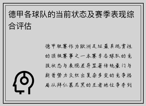 德甲各球队的当前状态及赛季表现综合评估